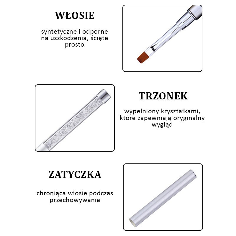 Pędzelek do żelu składany rozm. 8 kryształki srebrny Pędzelek do żelu składany rozm. 8 kryształki srebrny